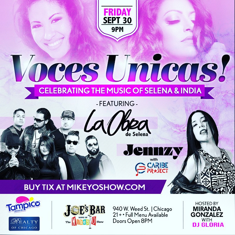 Voces Únicas flyer: celebrating the music of Selena and India, featuring La Obra de Selena, Joe's Bar Chicago, Friday Sept 30